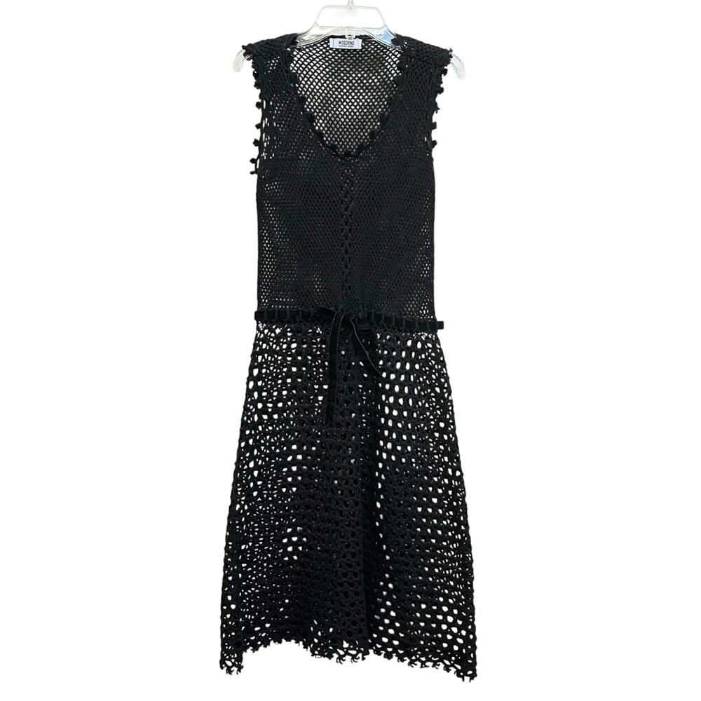 Moschino Cheap & Chic 90s Black Sheer Crochet Sleeveless Scoop Neck A-Line Dress